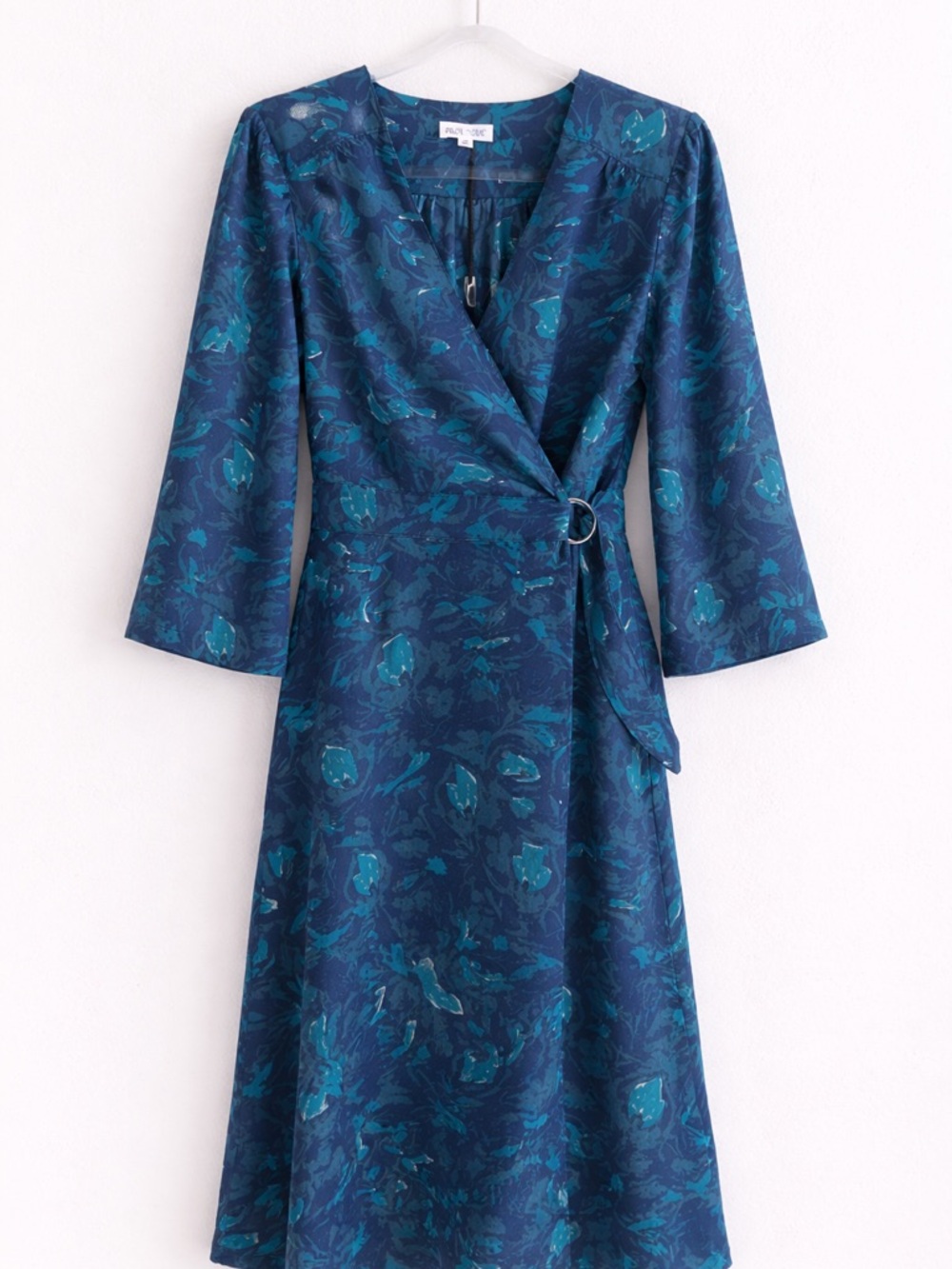 Prologue Blue Teal Satin Wrap Dress Kimono Sleeve Abstract Floral Midi NWT M